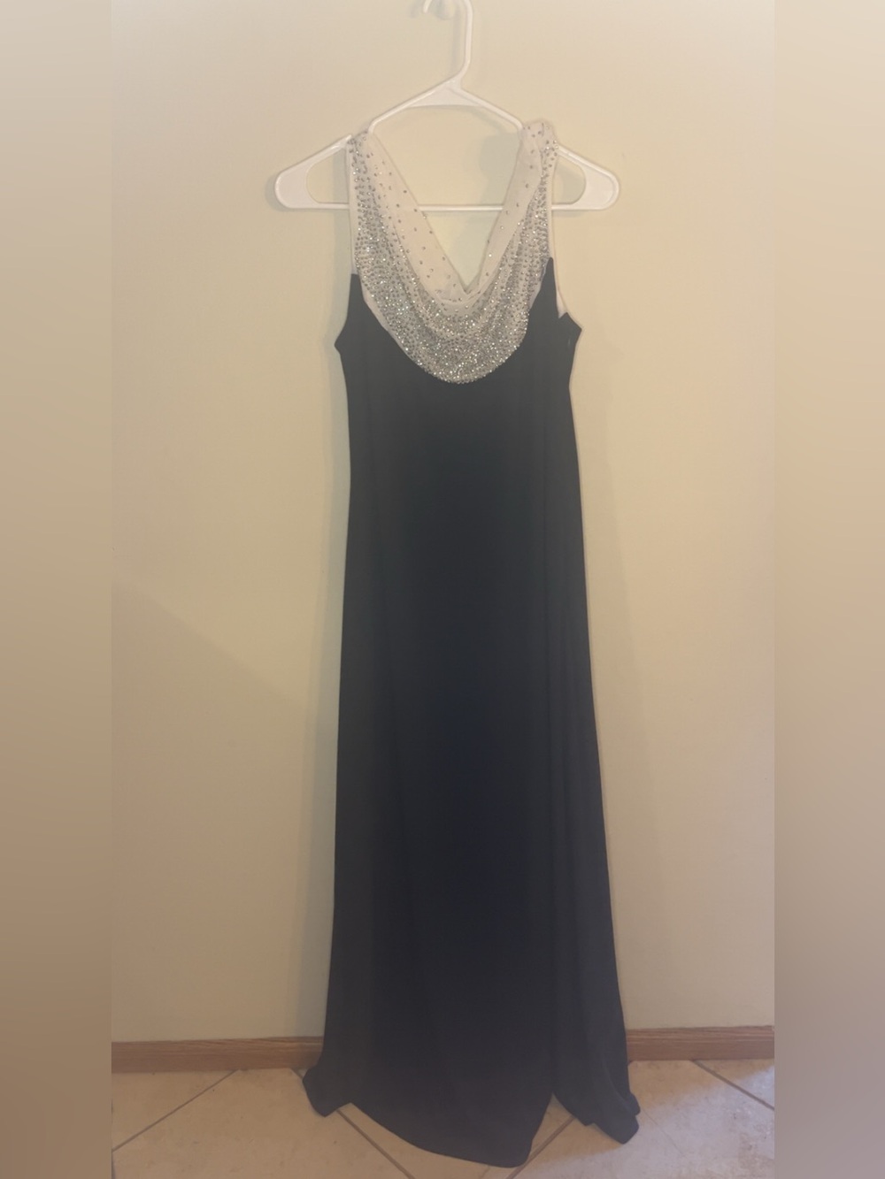 R&M Richards Black Maxi Gown with Silver Beaded Cowl